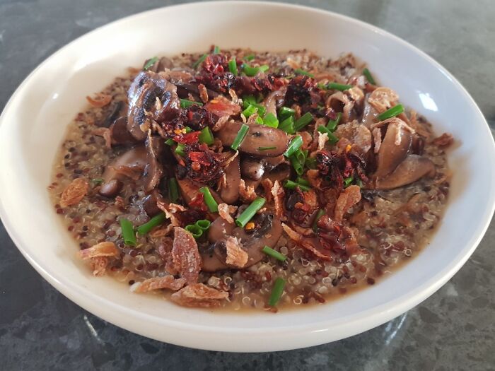 Congee-Style Quinoa Cooked In A Kombu Mushroom Broth With More Mushrooms