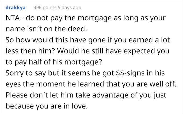 Guy Is Shocked At How Much His Girlfriend Earns, Wants Her To Pay Half Of His Mortgage After Moving In Guy Is Shocked At How Much His Girlfriend Earns, Wants Her To Pay Half Of His Mortgage After Moving In