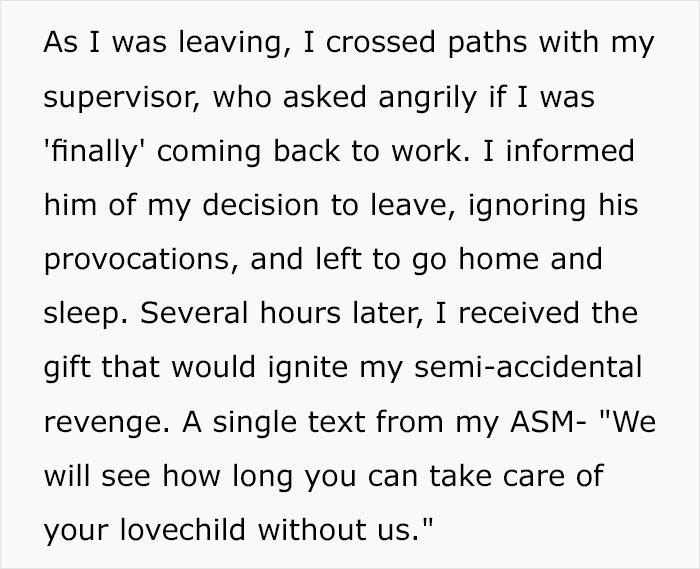 Employee Quits, Gets A Text From Manager Saying "We Will See How Long You Can Take Care Of Your Lovechild Without Us", Drama Ensues Employee Quits, Gets A Text From Manager Saying "We Will See How Long You Can Take Care Of Your Lovechild Without Us", Drama Ensues