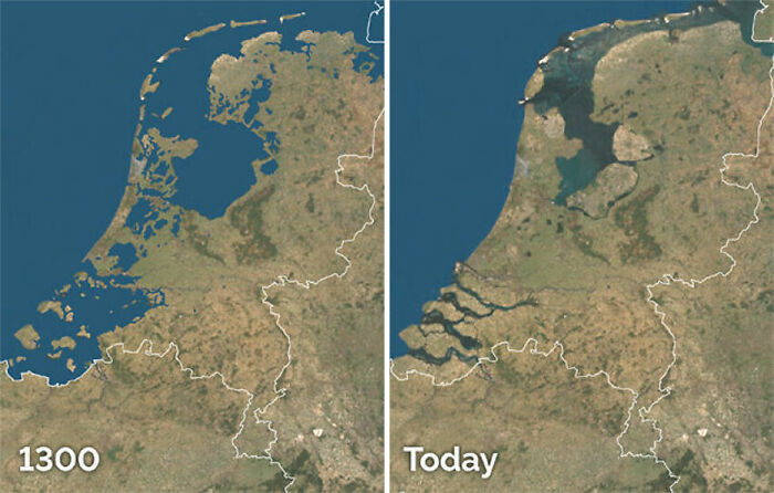 Los progresos de Holanda con las inundaciones, año 1300 y hoy en día