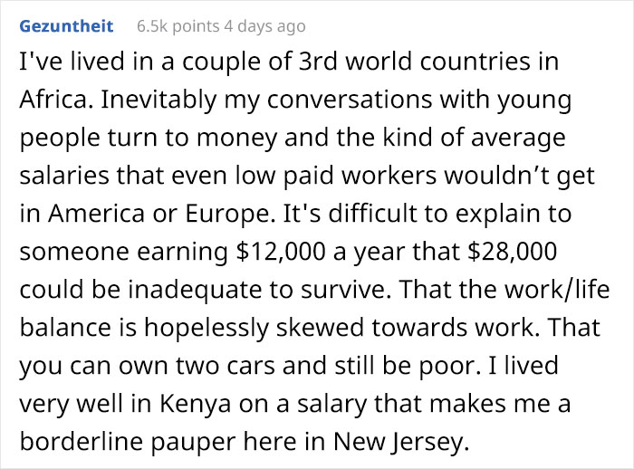 "I am from a 'third world country'": Described by a person who no longer wants to live in America after learning about the working environment.