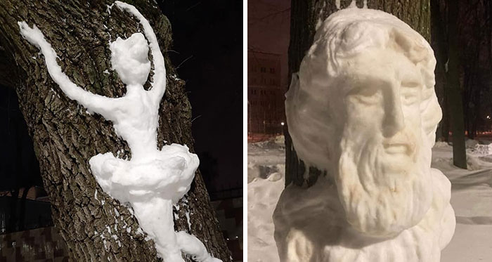 20 Snow Sculptures On Tree Trunks Made By A Russian Chemist Who Just Wanted To Decorate Her Neighborhood