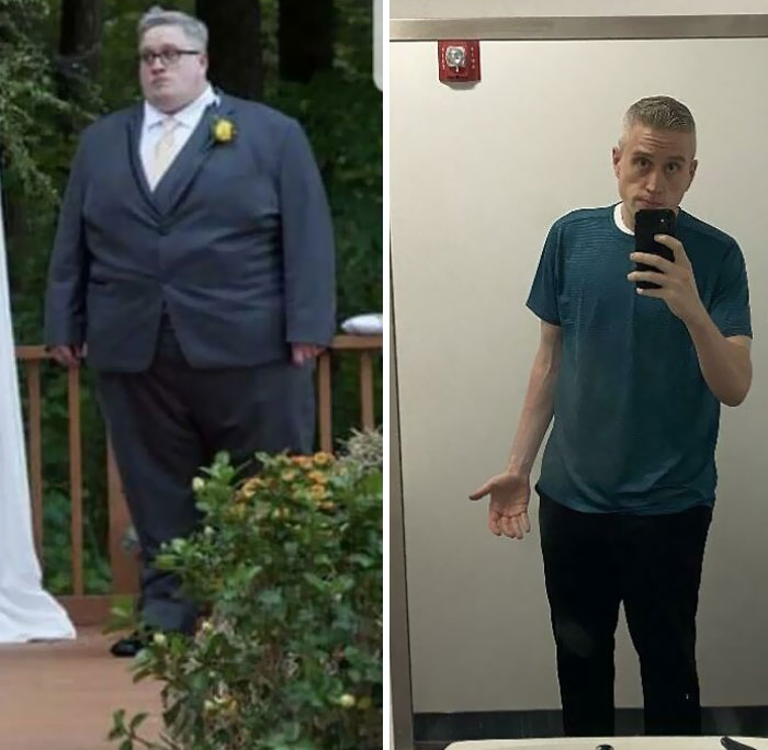 La foto de la izquierda fue exactamente hace 3 años cuando fui el padrino de la boda de mi amigo. Yo estaba cerca de los 272 kilos. Alrededor de 100 kilos ahora