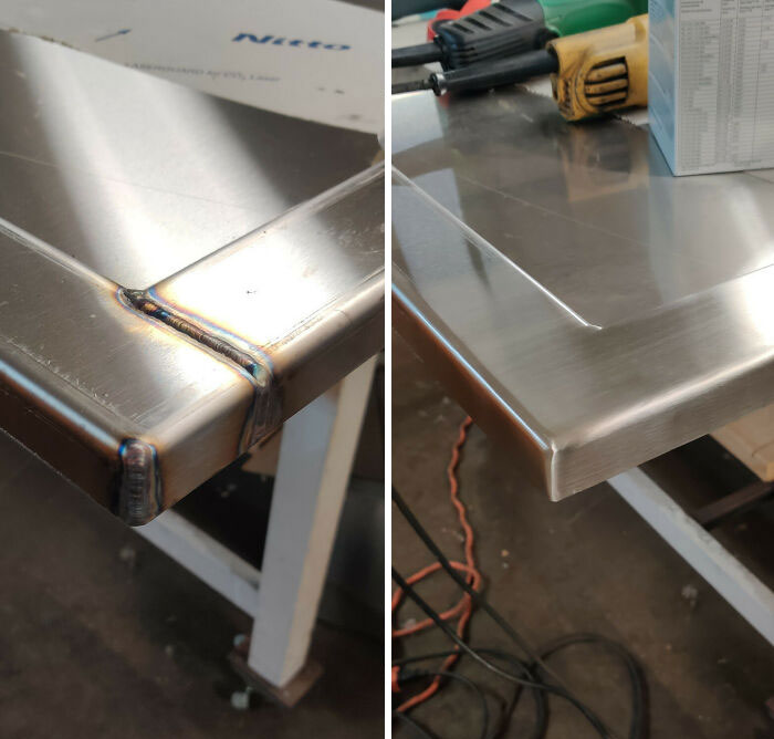 Before And After Cleaning Up Welds On Stainless Steel. Sometimes Work Is Satisfying