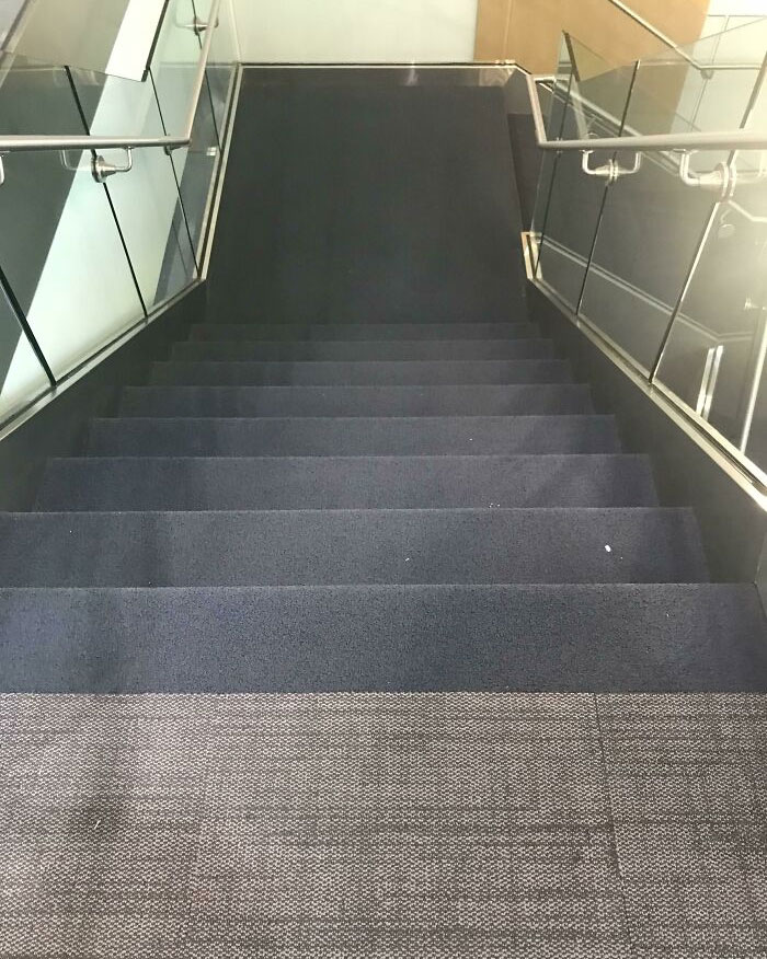 My Office Just Redid Their Stairs. The Blue Starts On The Floor In Front Of The Stairs. It Throws Me Off Every Time