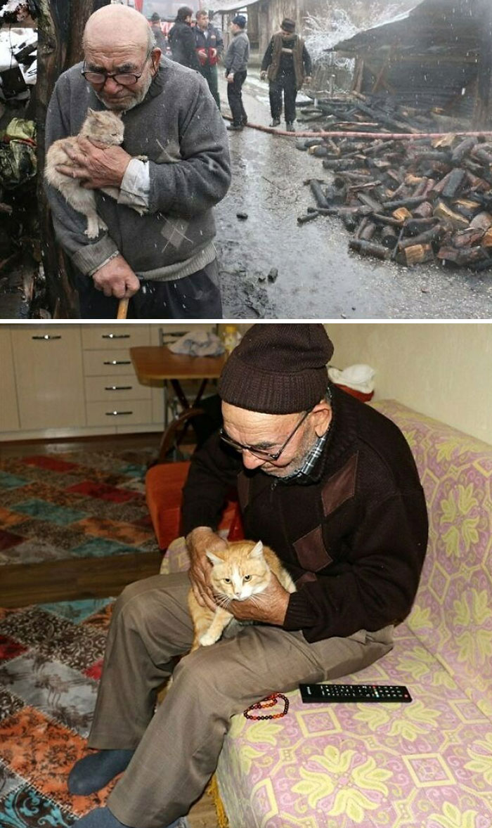 Remember The Old Turkish Man Who Lost Everything In Fire But Saved His Kitten? People Bought A New House For Him And His Three Cats. They Are So Happy Now