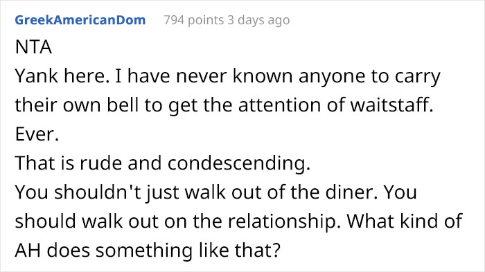 Woman Asks If She Was Right To Cancel Dinner With Her Long Distance Boyfriend When She Saw Him Bring A Bell To The Restaurant