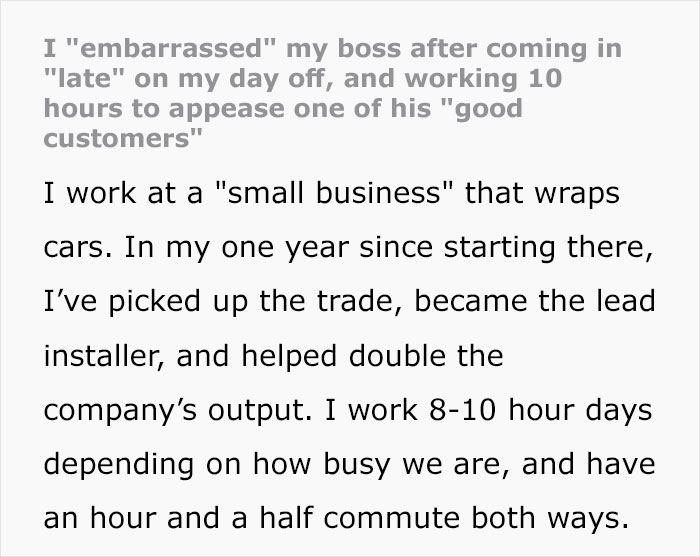 Employee Is Pushed Over The Line After Boss Berates Them For Being Late On Their Day Off Employee Is Pushed Over The Line After Boss Berates Them For Being Late On Their Day Off
