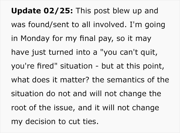 Employee Is Pushed Over The Line After Boss Berates Them For Being Late On Their Day Off Employee Is Pushed Over The Line After Boss Berates Them For Being Late On Their Day Off