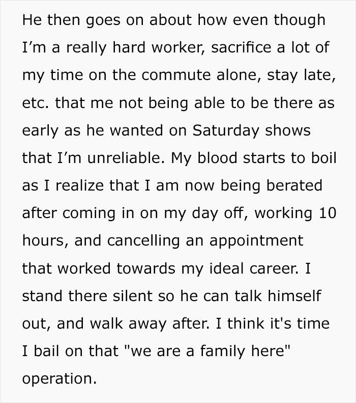Employee Is Pushed Over The Line After Boss Berates Them For Being Late On Their Day Off Employee Is Pushed Over The Line After Boss Berates Them For Being Late On Their Day Off