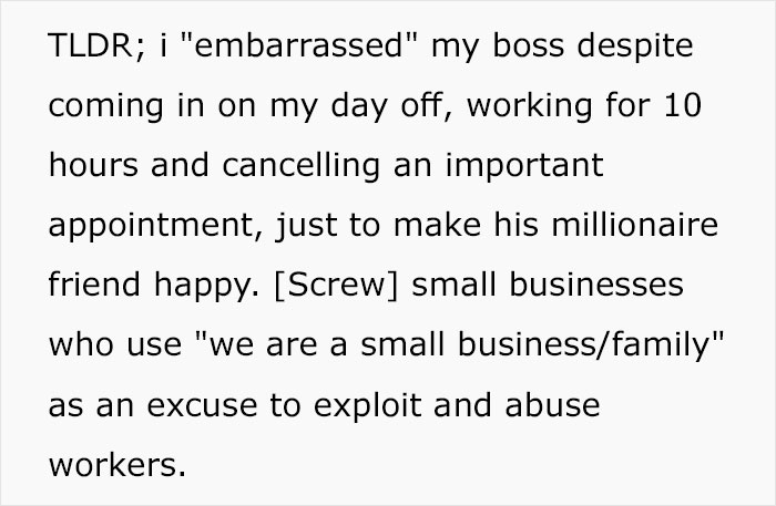 Employee Is Pushed Over The Line After Boss Berates Them For Being Late On Their Day Off Employee Is Pushed Over The Line After Boss Berates Them For Being Late On Their Day Off