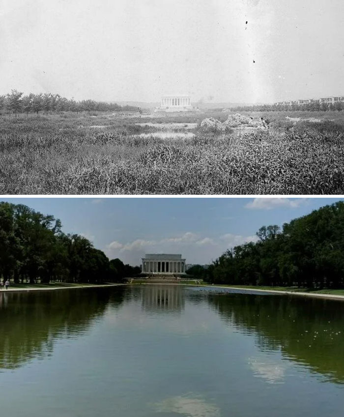 El Memorial de Lincoln en 1920, antes de que se construyera la piscina reflectante