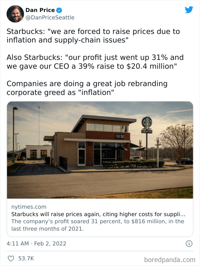 Starbucks: We Are Forced To Raise Prices Due To Inflation And Supply-Chain Issues. Also Starbucks: Our Profit Just Went Up 31% And We Gave Our CEO A 39% Raise To $20.4 Million