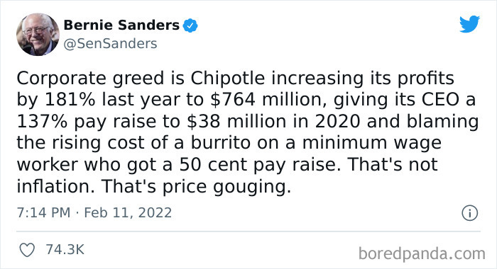 Bernie Sanders Calls Out Chipotle Which Keeps Increasing Prices Citing Cost Increases In Labor ($0.50 Pay Increase?!), Freight, And Food Costs When It’s Profits And CEO Pay That Have Gone Way Up
