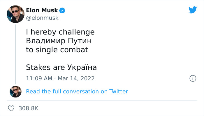 People Online Are Either Loving Or Hating Elon Musk Right Now For Inviting Putin To A Duel To Win Ukraine And Posting Memes People Online Are Either Loving Or Hating Elon Musk Right Now For Inviting Putin To A Duel To Win Ukraine And Posting Memes