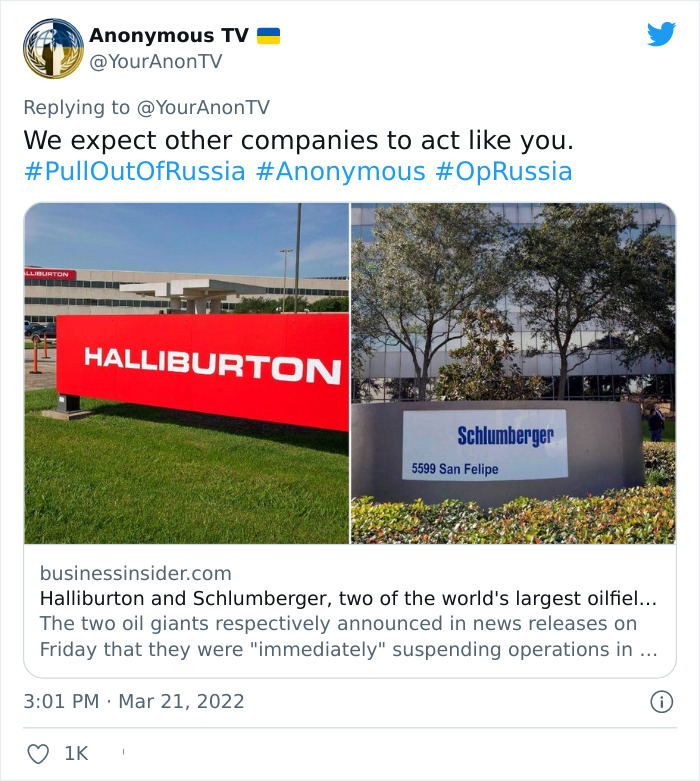 Western Brands That Are Still Operating In Russia Received A Warning On Twitter From “Anonymous" Urging Them To Pull Out Within 48 Hours