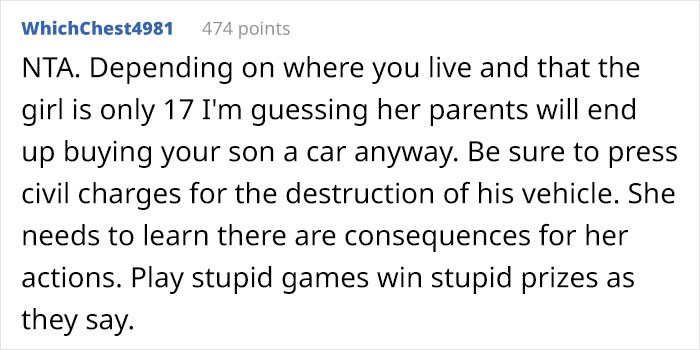 “AITA For Refusing To ‘See Other Options’ For A Girl And Pressing Charges For What She Did To My Son’s Car?” “AITA For Refusing To ‘See Other Options’ For A Girl And Pressing Charges For What She Did To My Son’s Car?”