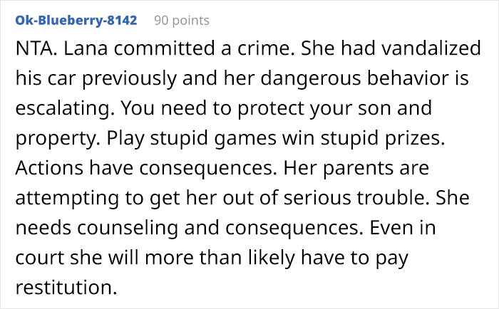 “AITA For Refusing To ‘See Other Options’ For A Girl And Pressing Charges For What She Did To My Son’s Car?” “AITA For Refusing To ‘See Other Options’ For A Girl And Pressing Charges For What She Did To My Son’s Car?”