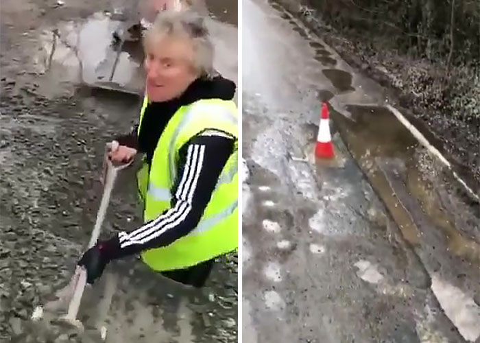 “My Ferrari Can’t Go Through,” Jokes Sir Rod Stewart Whilst Filling In Potholes Near His Essex Home “My Ferrari Can’t Go Through,” Jokes Sir Rod Stewart Whilst Filling In Potholes Near His Essex Home