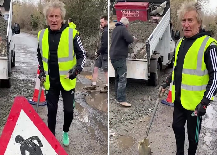 “My Ferrari Can’t Go Through,” Jokes Sir Rod Stewart Whilst Filling In Potholes Near His Essex Home “My Ferrari Can’t Go Through,” Jokes Sir Rod Stewart Whilst Filling In Potholes Near His Essex Home