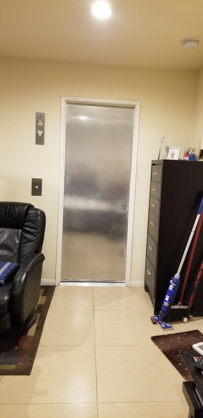 Bathroom Door. Got Tired Of Entering A Room And Immediately Seeing Right Into Bathroom. So I Decorated Door To Resemble An Elevator.