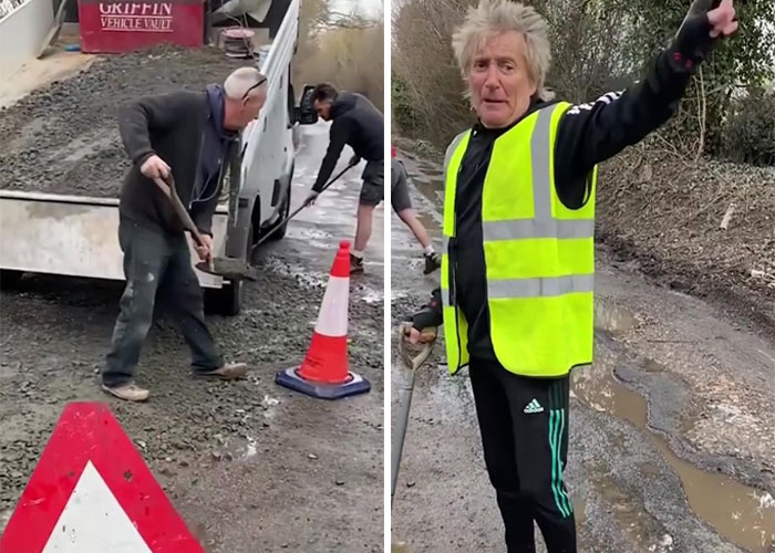 “My Ferrari Can’t Go Through,” Jokes Sir Rod Stewart Whilst Filling In Potholes Near His Essex Home “My Ferrari Can’t Go Through,” Jokes Sir Rod Stewart Whilst Filling In Potholes Near His Essex Home