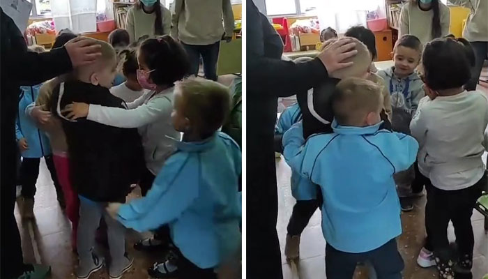 In A Heartwarming Moment, Ukrainian Boy Is Hugged By New Spanish Classmates On His First Day Of School