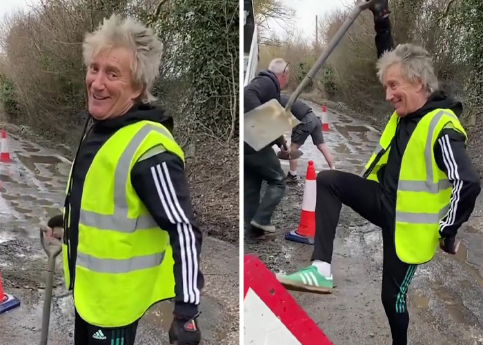 “My Ferrari Can’t Go Through,” Jokes Sir Rod Stewart Whilst Filling In Potholes Near His Essex Home “My Ferrari Can’t Go Through,” Jokes Sir Rod Stewart Whilst Filling In Potholes Near His Essex Home