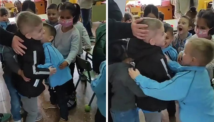 In A Heartwarming Moment, Ukrainian Boy Is Hugged By New Spanish Classmates On His First Day Of School