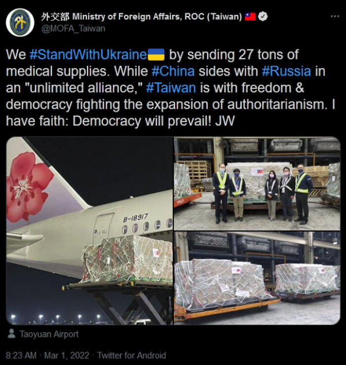 Taiwan Shows Massive Balls By Sending Ukraine 27 Tons Of Medical Supplies