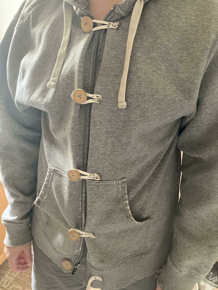 Dad Doesn’t Toss His Hoodies When The Zippers Break. Buttons Made From A Broken Broom Handle And Loops From P-Cord. This Is An Upgrade From When He Used To Just Apply A Strip Of Duck Tape