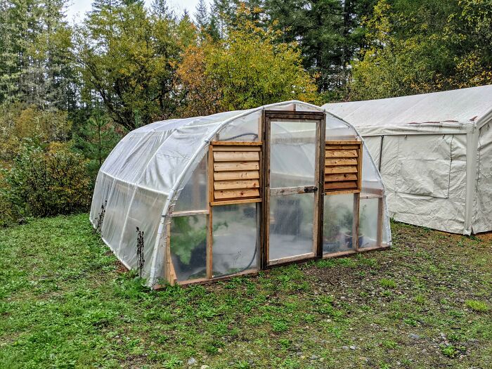 Since We're Doing Greenhouses, I Built This At The Beginning Of Lockdown With Reclaimed Pvc, Wood, And Polyethylene Film For Greenhouses. It Held Up To 2' Of Snow On Top Over Last Winter As Well As A Handful Of Strong Wind Storms. No Plans, Just Boredom!