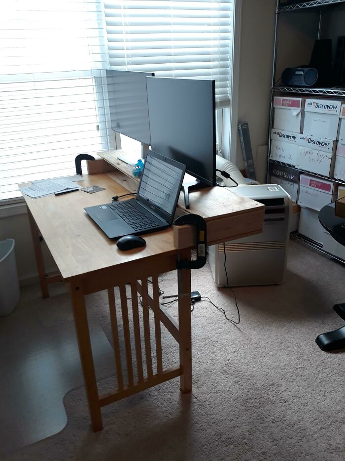 I Start A Remote Job Next Week, I Had A 20" Wide Desk, And Decided To Build A Desk Extension/Raise In Order To Have A Three Monitor Display. I Used Scrap Lumber But I Did Have To Get A New C-Clamp To Make It Work