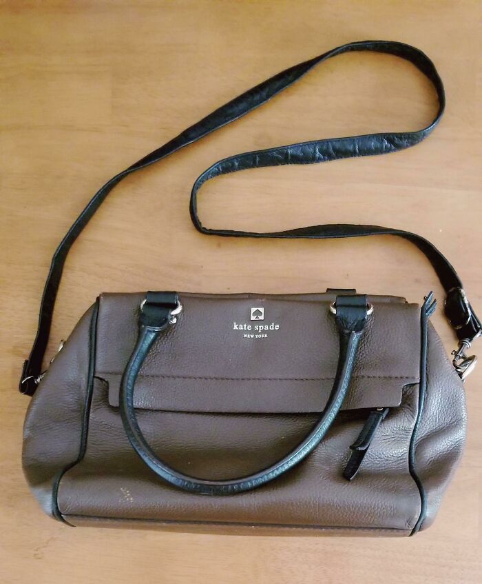Took Detachable Long Strap From $1 Tiny Bag, Added To $15 Thrifted Leather Purse Missing Its Crossbody Strap = The Neutral Travel Bag I've Been Wanting