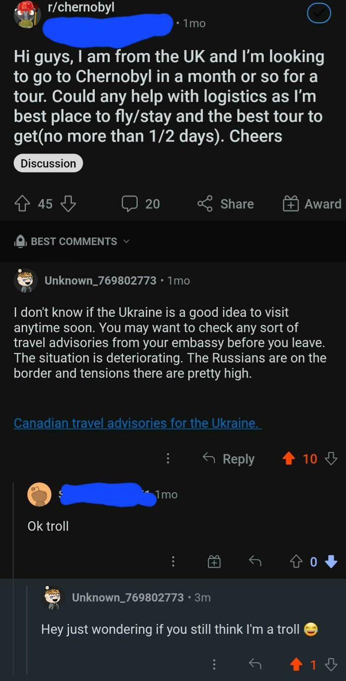 Warned A Person Considering Traveling To Chernobyl To Check Travel Advisories Got Called A Troll