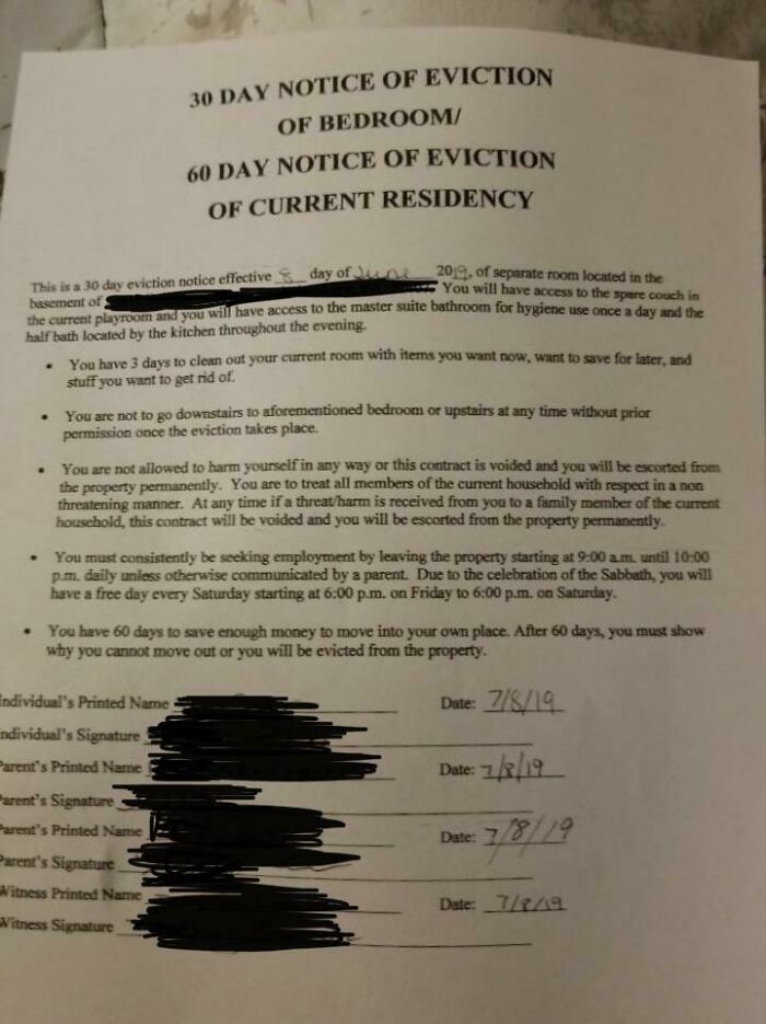 My Parents Took In Their Neighbor’s 18 Y/O Kid (Still In 11th Grade) Who Was Getting Kicked Out Because His Step-Dad Didn’t Want Another Male Adult In The House. This Is The Contract His Parents Made Him Sign. The ‘Witness’ Is His Sister Who’s Still A Minor
