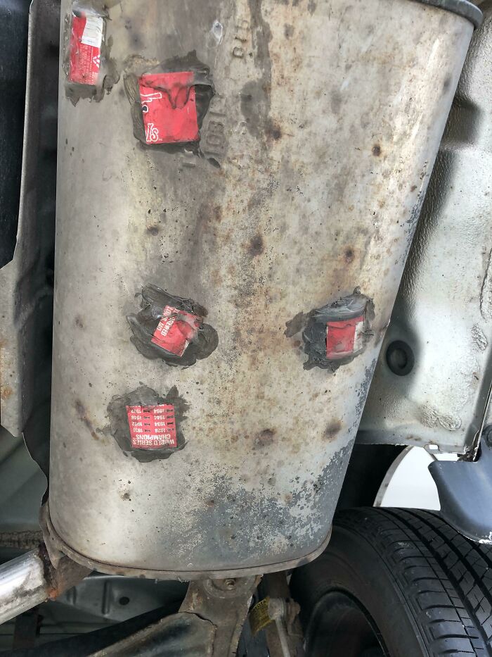 Yes Those Are Budweiser St. Louis Cardinals Beer Can Cut Outs Jb Welded To A Muffler To Pass State Inspections. No It Did Not Pass. Yes It Made My Day