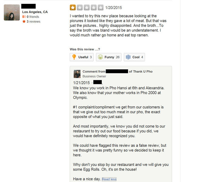 User Writes 1 Star Review For Competing Restaurant
