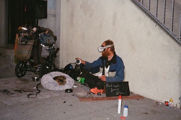 San Francisco 2021. An Interesting Photo Of A Homeless Man Playing With A VR Set. Not To Mention It’s Relevant With The Metaverse Being Talked About In The News Right Now