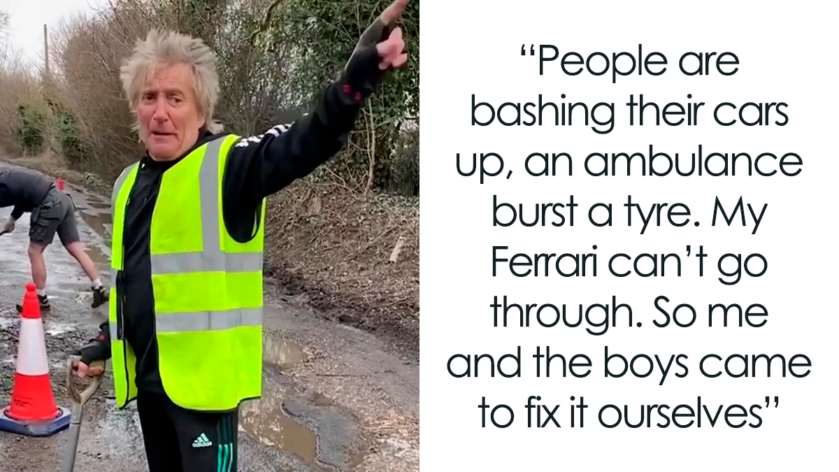 “My Ferrari Can’t Go Through,” Jokes Sir Rod Stewart Whilst Filling In Potholes Near His Essex Home
