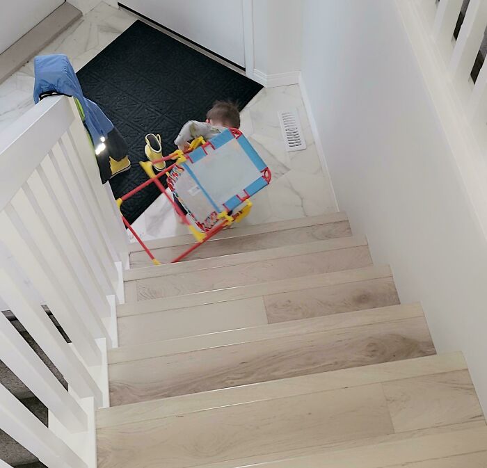 My Son, Attempting To Climb The Stairs While Sitting In A Chair