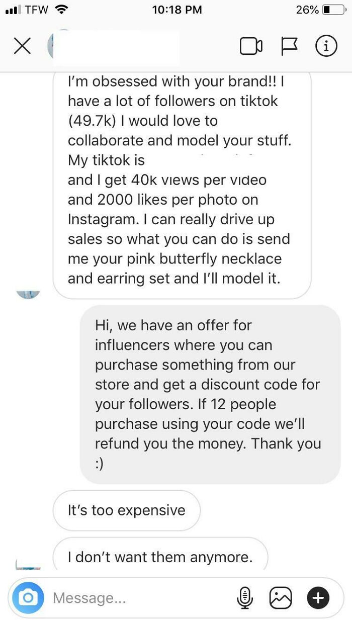I Took Some Advice That Were Given After Posting The Conversation I Had With A Tiktok “Influencer” Yesterday. This Is What The First Person I Made The Offer To Said