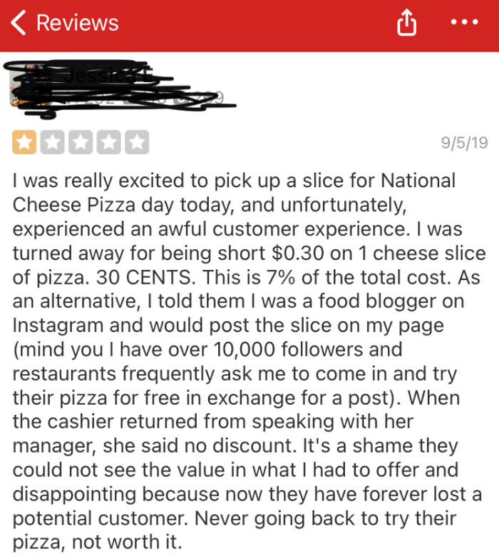 Yelper Gives A Pizzeria 1 Star Because They Wouldn't Give Her A Discount Even Though She's An Influencer