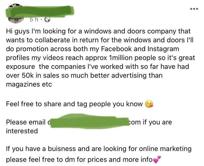 Influencer Asking For Windows And Doors In Return For Exposure