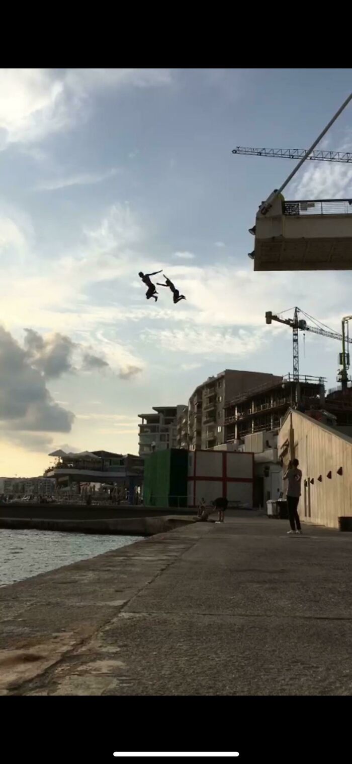A Picture Of Me And My Best Friend Jumping From The Tigne Point Bridge In Malta