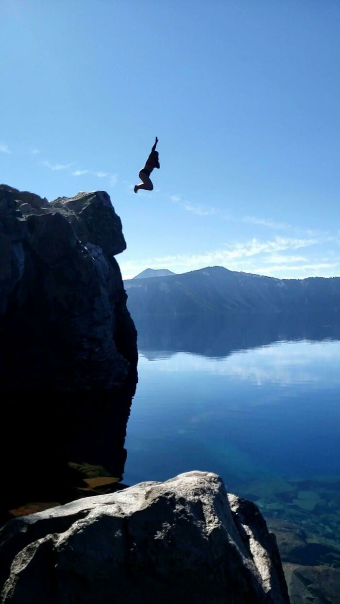 Jumping Off A Cliff In Crater Lake Np