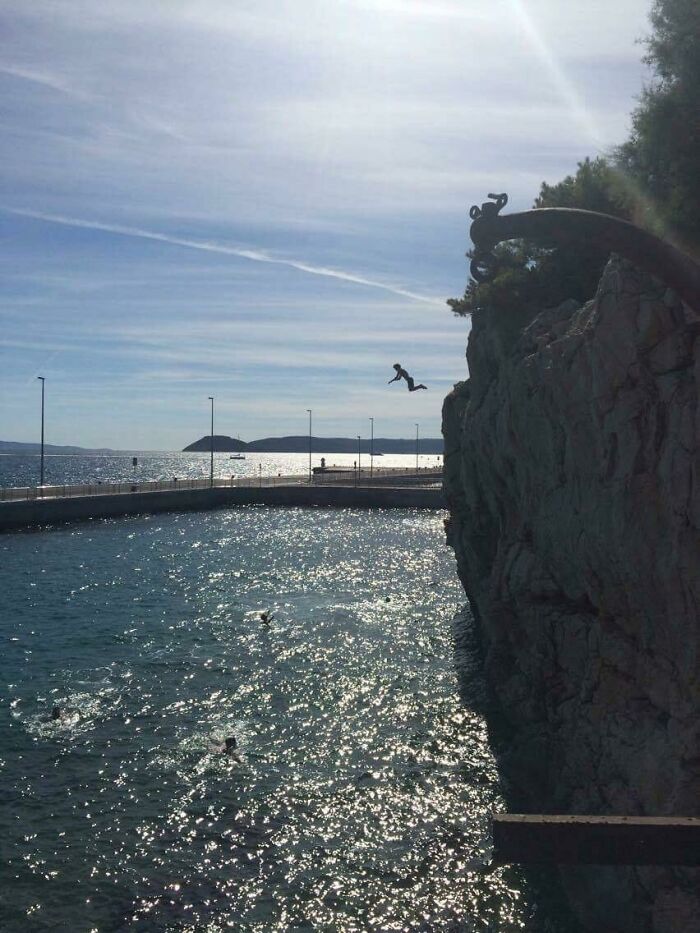 Split, Croatia. This Is Me. I Was Chilling On The Marine And Saw Some Kids Jumping From Here. Automatically I Approach Them, They Were 13 Years Old. Still, With No Knowledge Of English, We Understood Each Other And I Followed Them. Seemed Too High For Me But Sh*t, They Were 13, I Couldn't Step Down