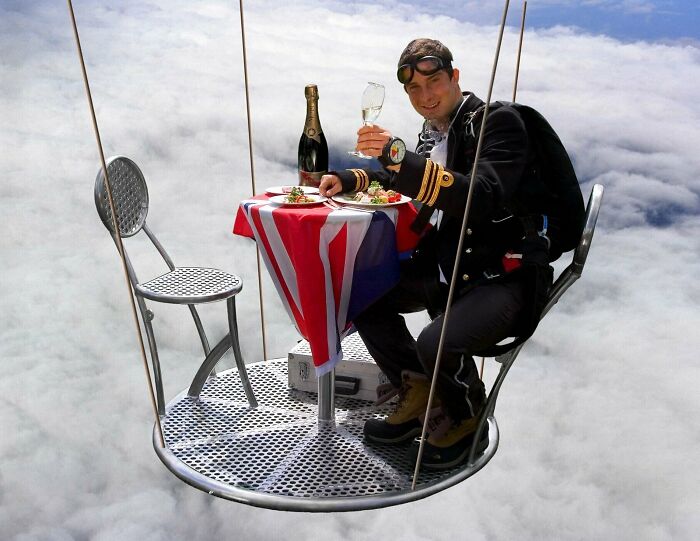 Bear Grylls Enjoying A Nice Meal At 25,000 Feet