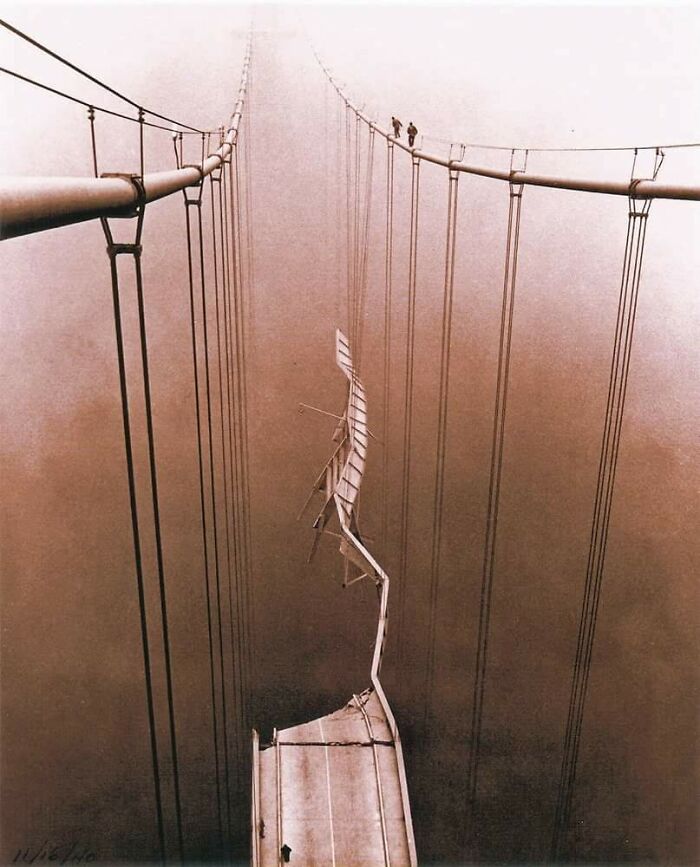 The View Of The Tacoma Narrows Bridge Collapse From Atop The Suspension Cabling, 1940