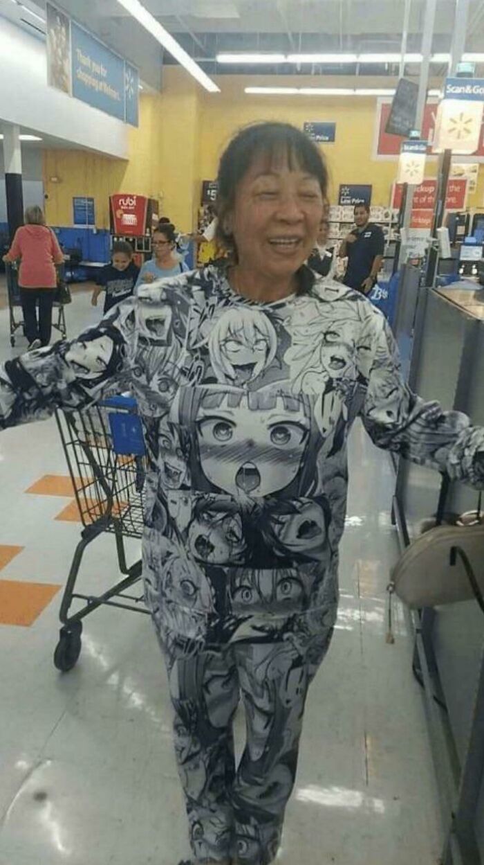 Grandma with an anime t-shirt and pants 